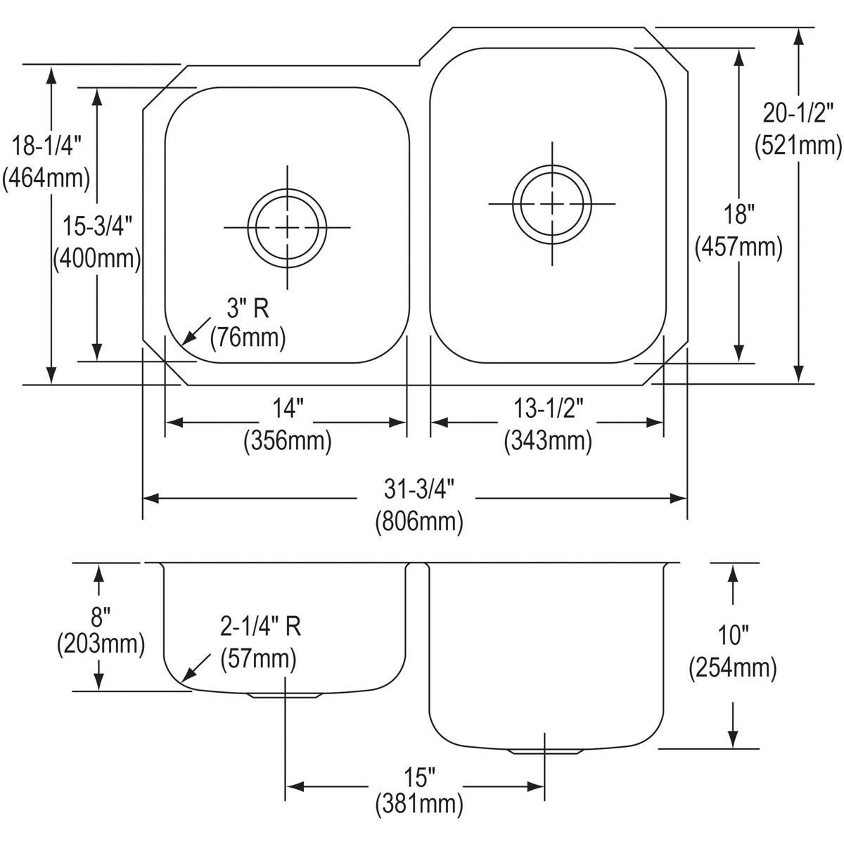 Elkay Dayton 31-3/4 x 20-1/2 x 10 40/60 Double Bowl Undermount Stainless Steel Kitchen Sink