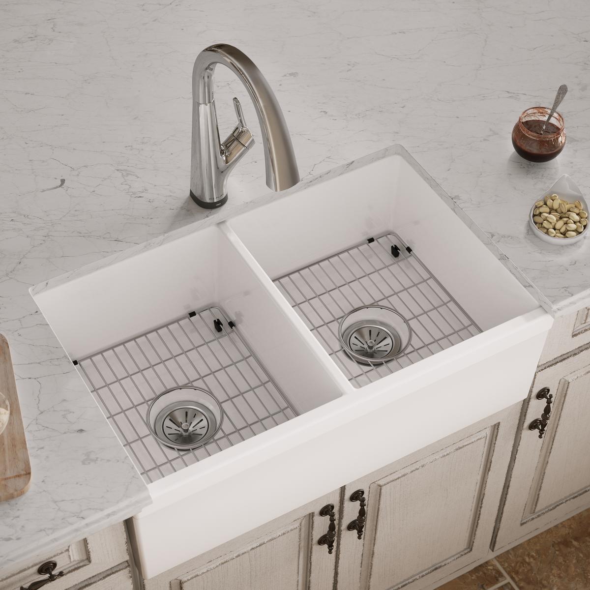Elkay Premium Fireclay 33 x 19-15/16 x 9 Equal Double Bowl Farmhouse Kitchen Sink Kit with Filtered Kitchen Faucet