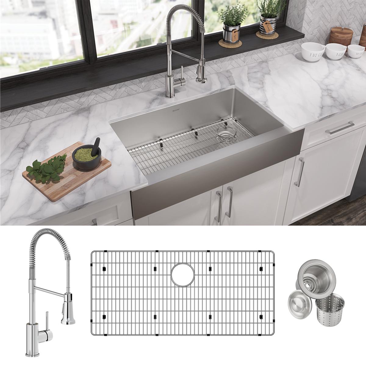 Elkay Crosstown 18 Gauge Single Bowl Farmhouse Kitchen Sink and Faucet Combo Set with Bottom Grid, Drain, and Care Kit (Dimensions: 35-7/8 x 20-1/4 x 9)