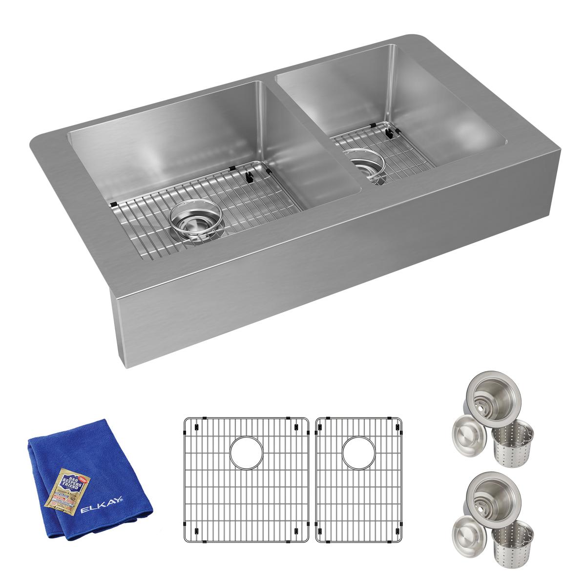 Elkay Crosstown 18 Gauge Stainless Steel 35-7/8 x 20-1/4 x 9 Inch 60/40 Double Bowl Farmhouse Kitchen Sink Kit for Modern Kitchens