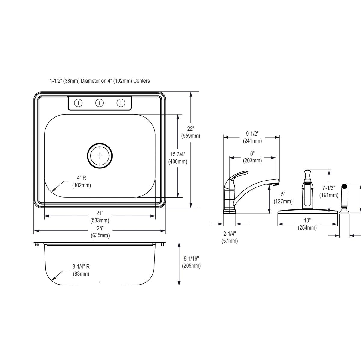 Elkay Dayton Premium Single Bowl Drop - in Kitchen Sink and Faucet Kit, Dimensions: 25 x 22 x 8 - 1/16 Inches