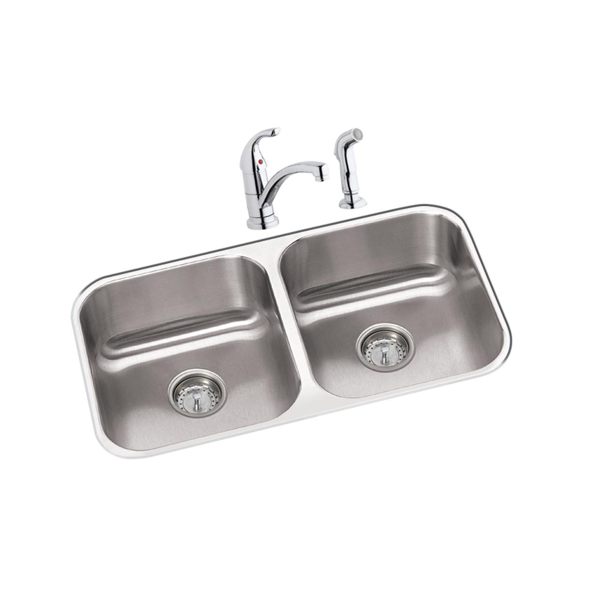 Elkay Dayton Premium Equal Double Bowl Undermount Kitchen Sink and Faucet Kit - 31-3/4 Inches x 18-1/4 Inches x 8 Inches