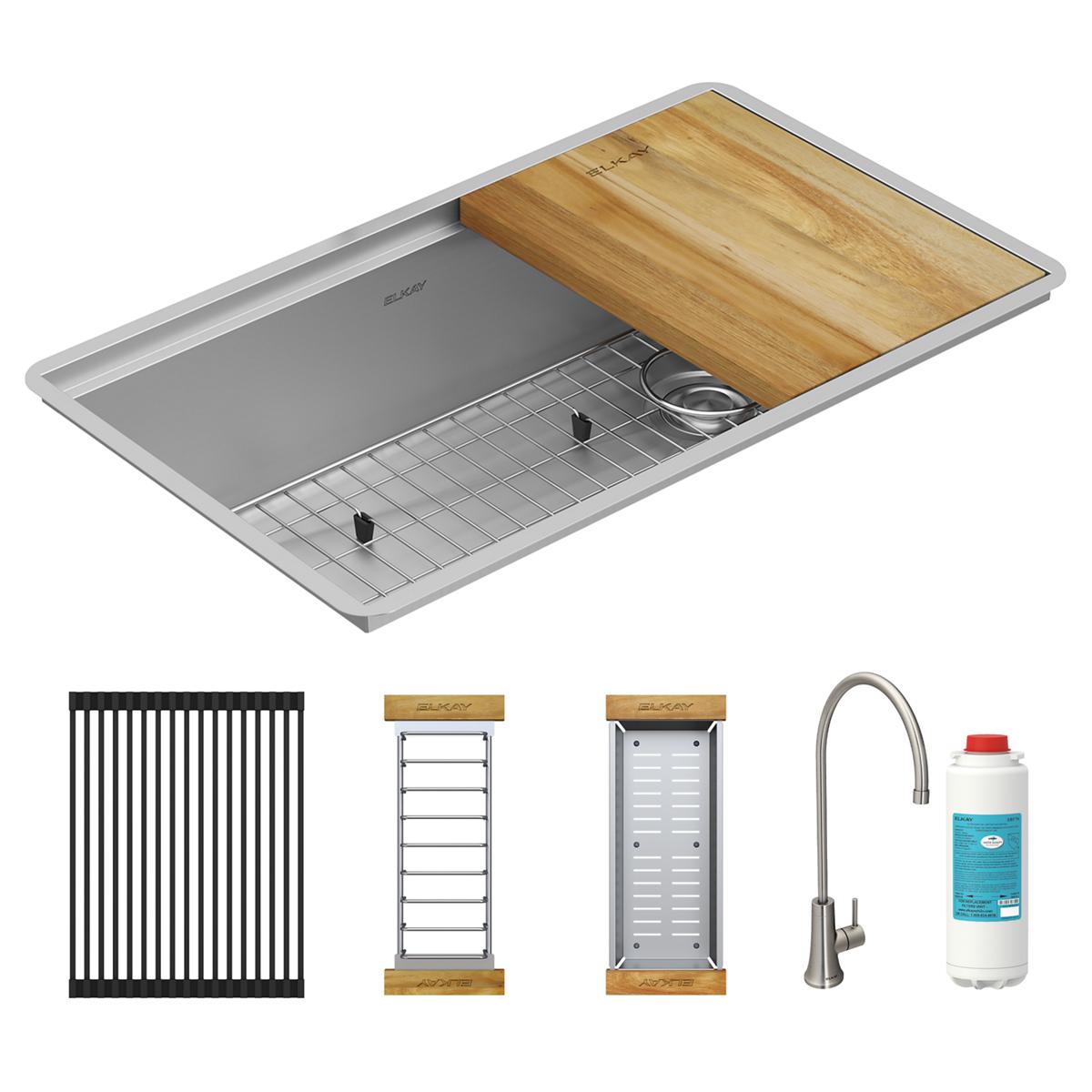 Elkay Crosstown 16-Gauge Single Bowl Undermount Workstation Sink Kit with Filtered Beverage Faucet
