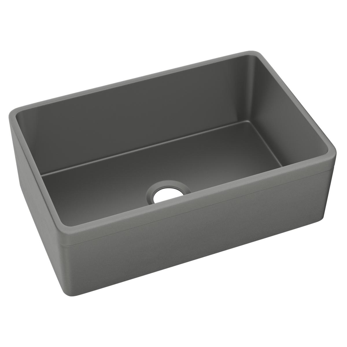 Elkay Fireclay Single Bowl Farmhouse Kitchen Sink in Elegant Gray, Measuring 30 x 19-15/16 x 9-1/8