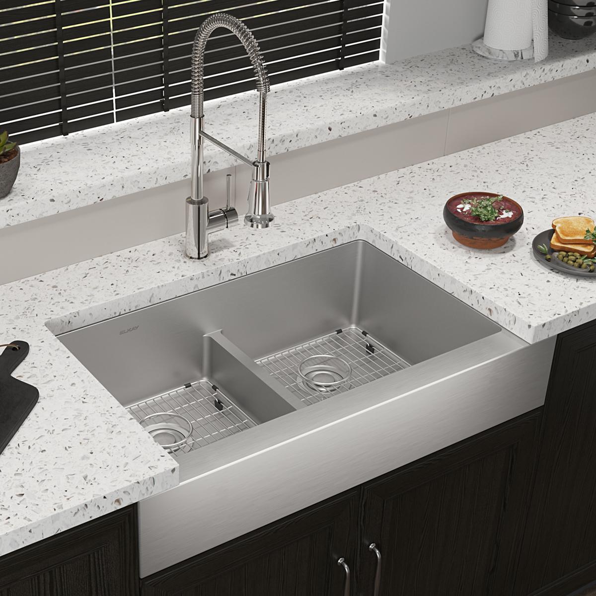 Elkay Crosstown High - Quality 18 Gauge 35 - 7/8 x 20 - 1/4 x 9 Inch Equal Double Bowl Farmhouse Kitchen Sink and Faucet Kit with Aqua Divider, Bottom Grid, and Drain