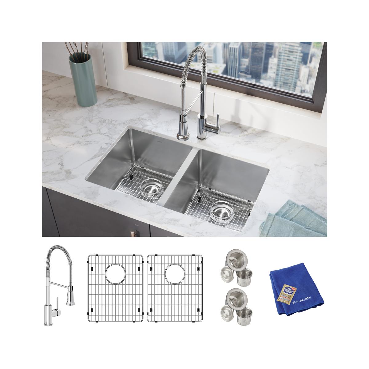 Elkay Crosstown High - Quality 16 Gauge Stainless Steel 30 - 3/4 x 18 - 1/2 x 10 Equal Double Bowl Undermount Kitchen Sink Kit with Faucet for Elegant Kitchens