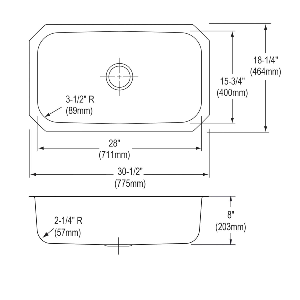 Elkay Dayton Single Bowl Undermount Kitchen Sink - Dimensions 30-1/2 x 18-1/4 x 8