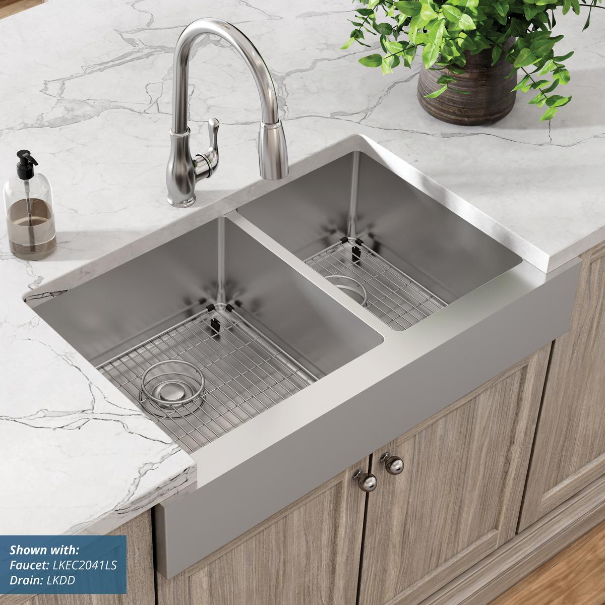 Elkay Crosstown 18 Gauge Stainless Steel 35-7/8 x 20-1/4 x 9 Inch 60/40 Double Bowl Farmhouse Kitchen Sink Kit for Modern Kitchens