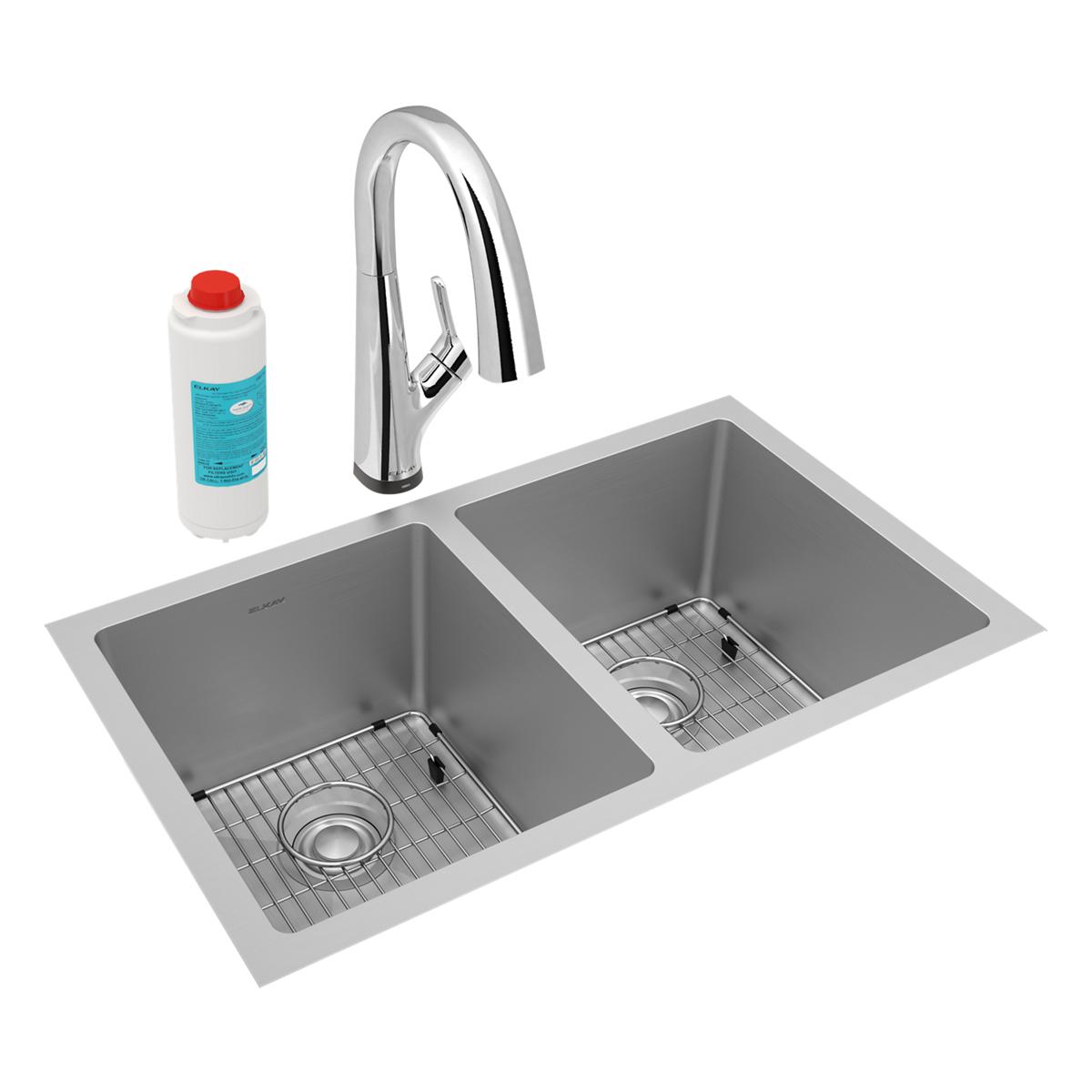 Elkay Crosstown Undermount Kitchen Sink Kit with Filtered Faucet - 16 Gauge, 30-3/4 x 18-1/2 x 10 Equal Double Bowl Design