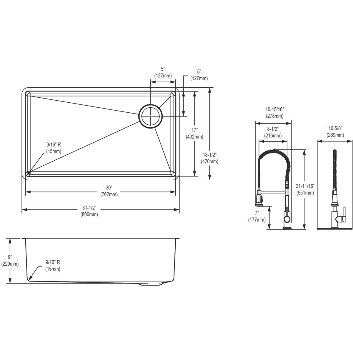 Elkay Crosstown 18 Gauge Stainless Steel Single Bowl Undermount Kitchen Sink Kit with Faucet for Modern Kitchens, Measuring 31-1/2 x 18-1/2 x 9 Inches