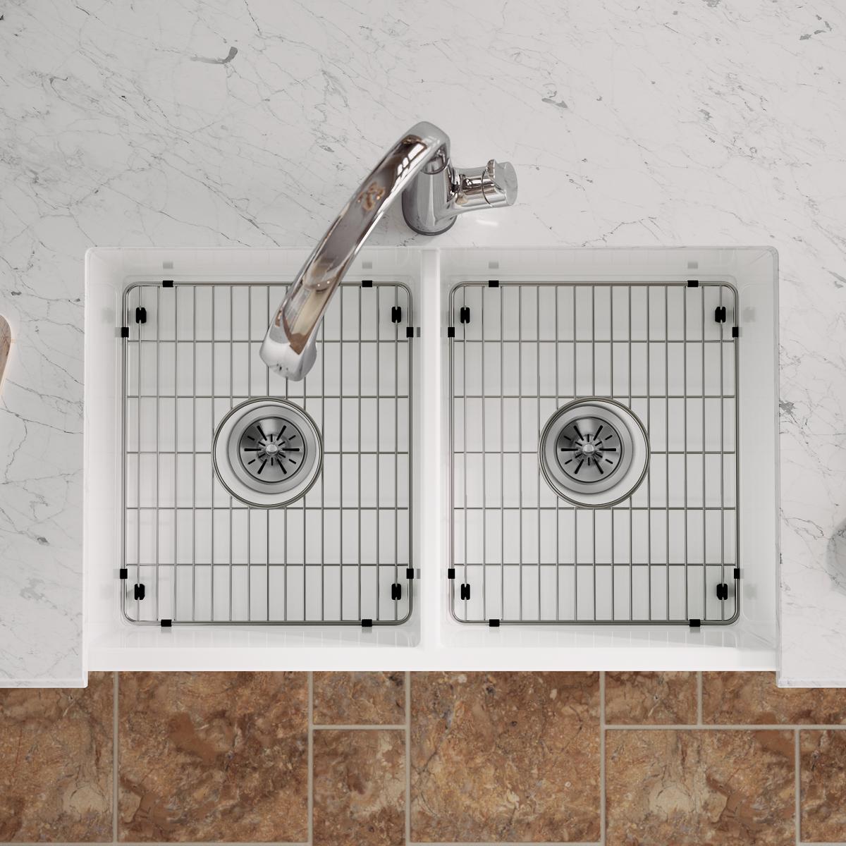 Elkay Premium Fireclay 33 x 19-15/16 x 9 Equal Double Bowl Farmhouse Kitchen Sink Kit with Filtered Kitchen Faucet