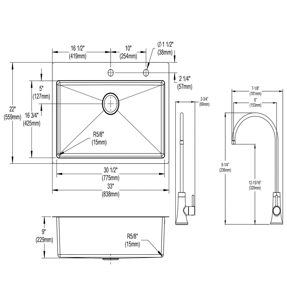 Elkay Crosstown Single Bowl Dual Mount Kitchen Sink Kit with Filtered Beverage Faucet - 18 Gauge, 33 x 22 x 9 Dimensions