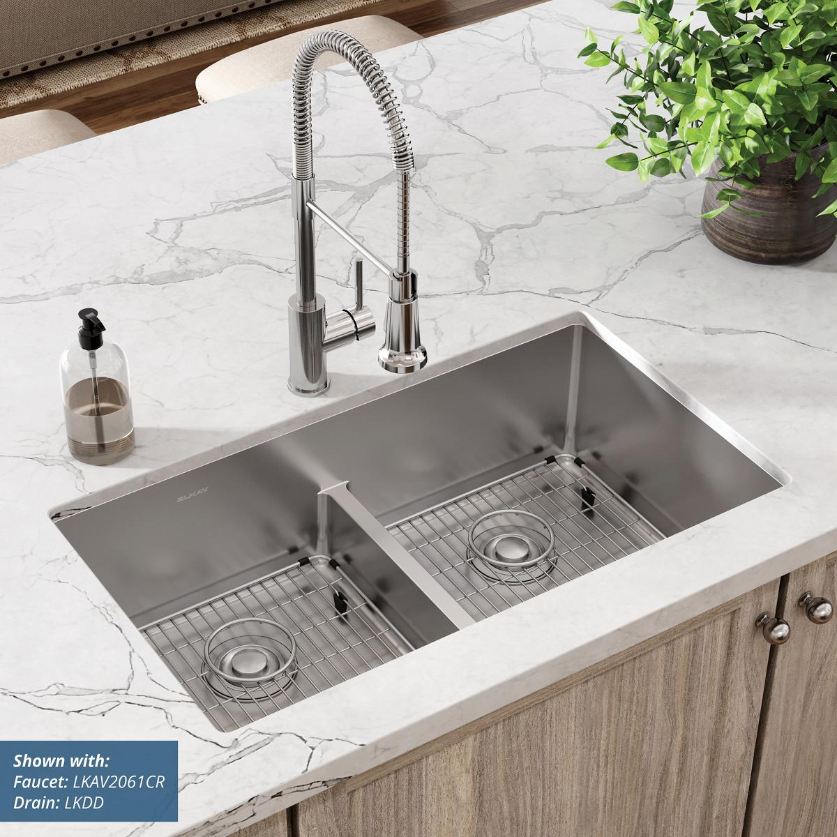 Elkay Crosstown 18 Gauge 33x22x9 Double Bowl Sink Kit with Aqua Divide for Modern Kitchens