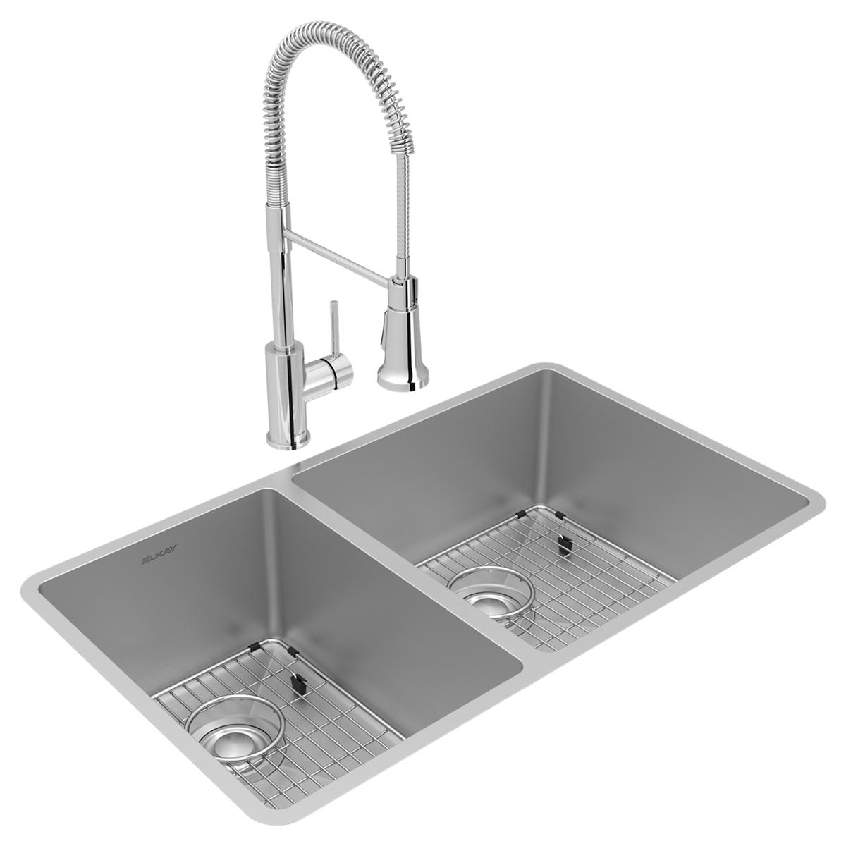 Elkay Crosstown 18 Gauge 31.5x18.5x9 40/60 Double Bowl Undermount Sink & Faucet Kit with Accessories