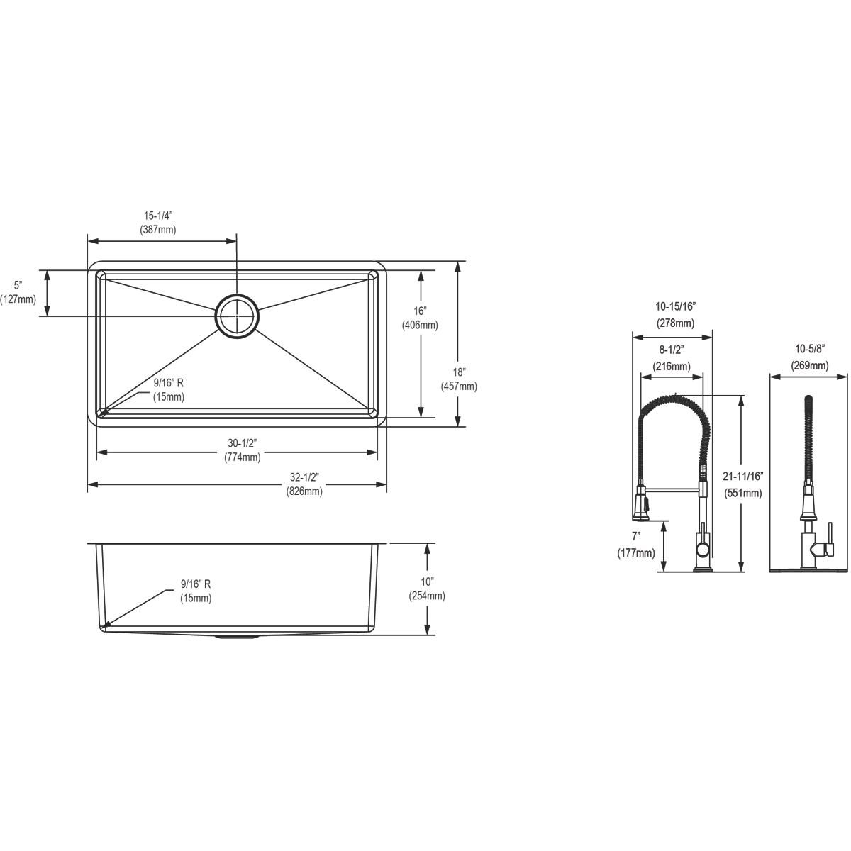 Elkay Crosstown Premium 16 Gauge Stainless Steel 32.5 x 18 x 10 Single Bowl Undermount Kitchen Sink Kit with Faucet