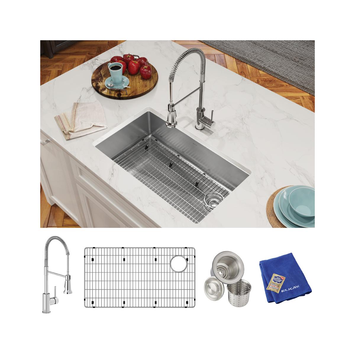 Elkay Crosstown 18 Gauge Stainless Steel Single Bowl Undermount Kitchen Sink Kit with Faucet for Modern Kitchens, Measuring 31-1/2 x 18-1/2 x 9 Inches