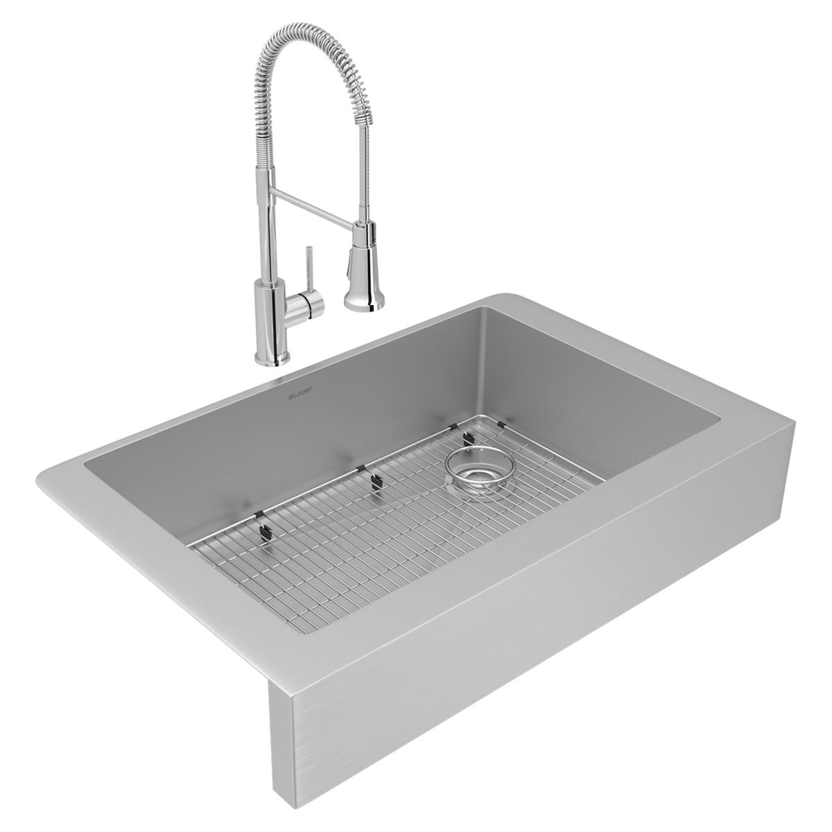 Elkay Crosstown 18 Gauge Single Bowl Farmhouse Kitchen Sink and Faucet Combo Set with Bottom Grid, Drain, and Care Kit (Dimensions: 35-7/8 x 20-1/4 x 9)