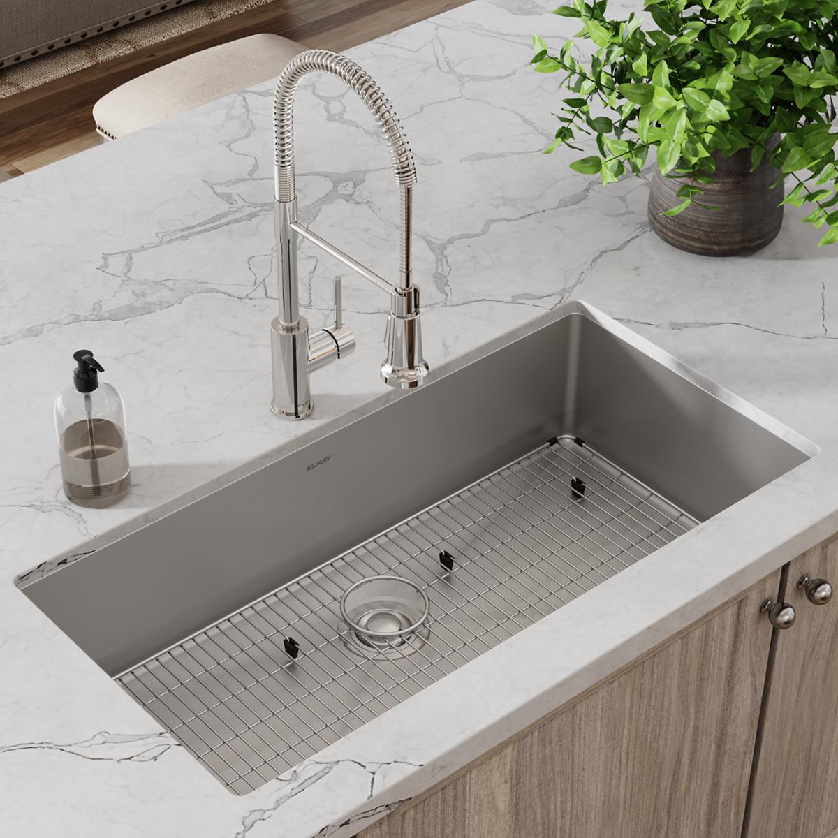 Elkay Crosstown Premium 18 Gauge Stainless Steel 36-1/2 x 18-1/2 x 9 Single Bowl Undermount Kitchen Sink and Faucet Kit with Bottom Grid and Drain