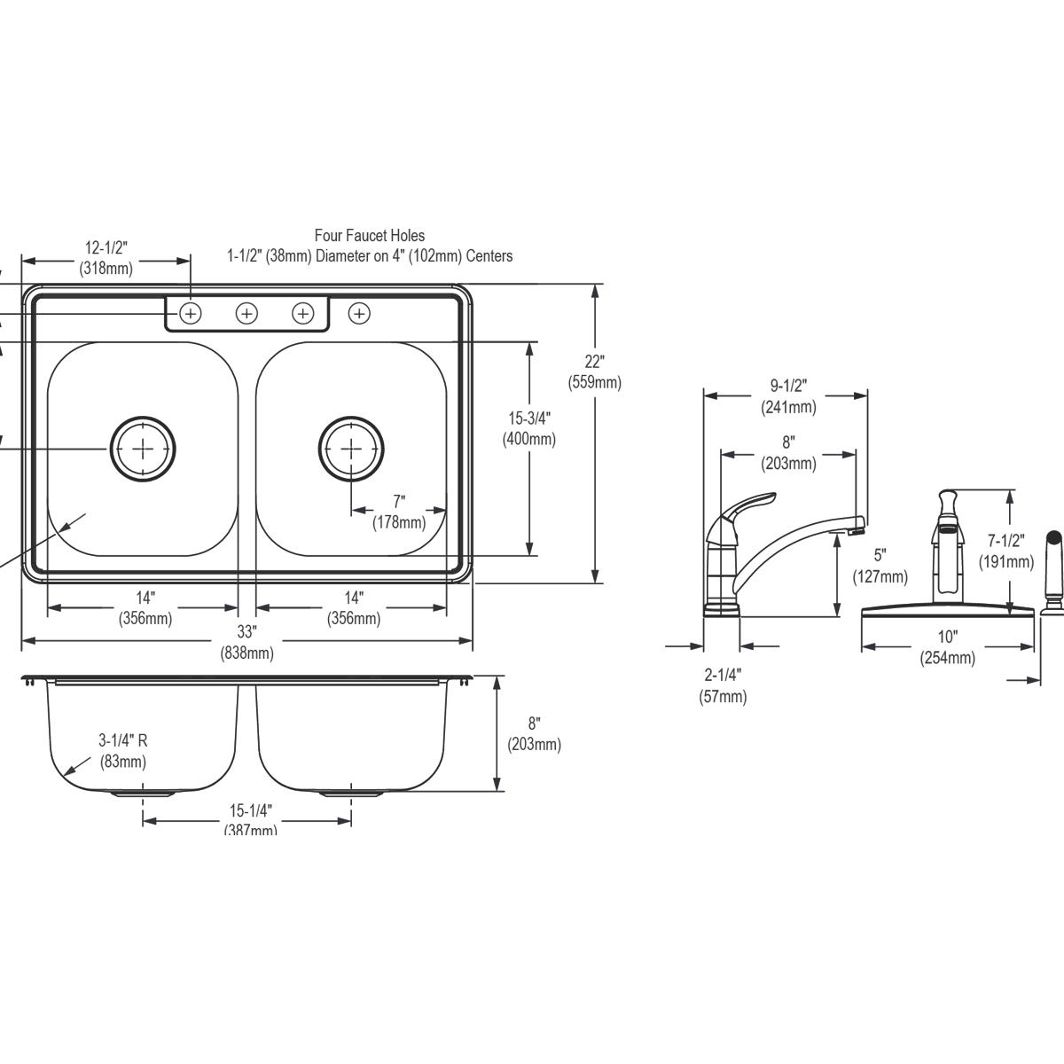 Elkay Dayton Premium 33 x 22 x 8-1/16 Equal Double Bowl Drop-in Kitchen Sink and Faucet Set