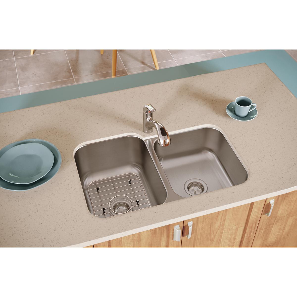 Elkay Dayton 31-3/4 x 20-1/2 x 10 60/40 Double Bowl Undermount Sink Kit with Faucet and Bottom Grid