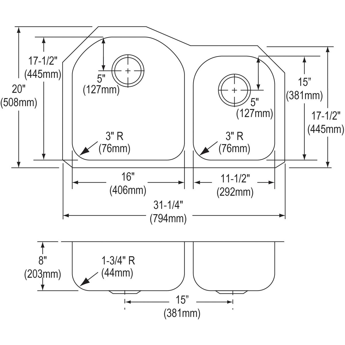 Elkay Dayton Premium 31-1/4 x 20 x 8 Inch Offset 60/40 Double Bowl Undermount Kitchen Sink for Modern Kitchens
