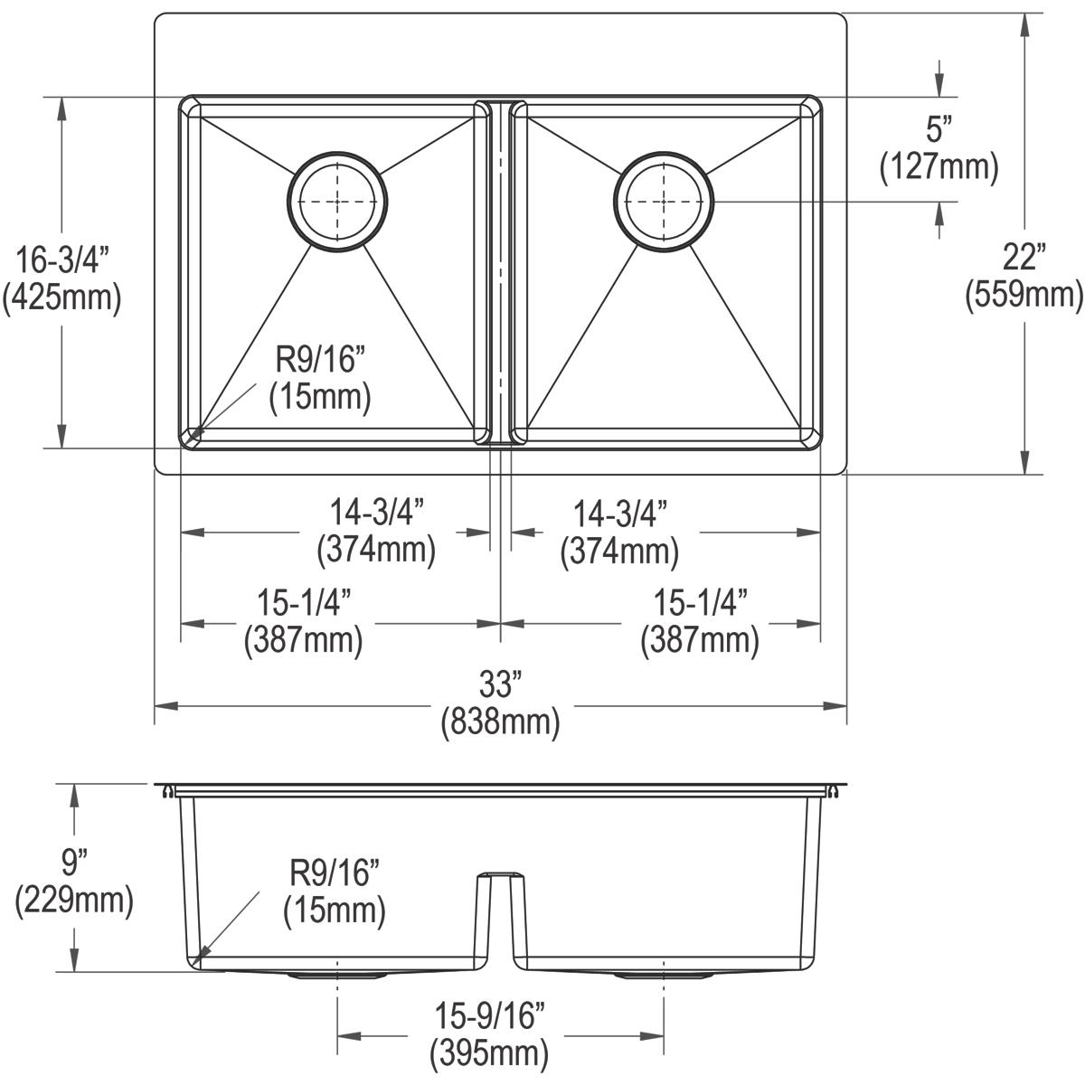 Elkay Crosstown 18 Gauge 33x22x9 Double Bowl Sink Kit with Aqua Divide for Modern Kitchens