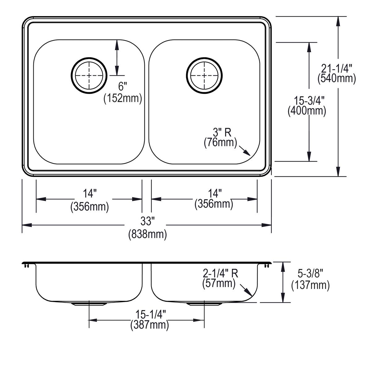 Elkay Dayton 33x21-1/4x5-3/8 Stainless Steel Double Bowl Drop-in Sink with 2 Faucet Holes