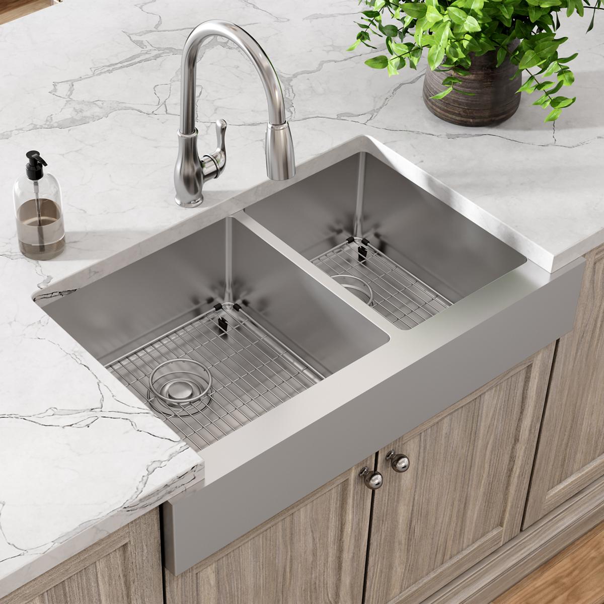 Elkay Crosstown 18 Gauge Stainless Steel 35-7/8 x 20-1/4 x 9 Inch 60/40 Double Bowl Farmhouse Kitchen Sink Kit for Modern Kitchens