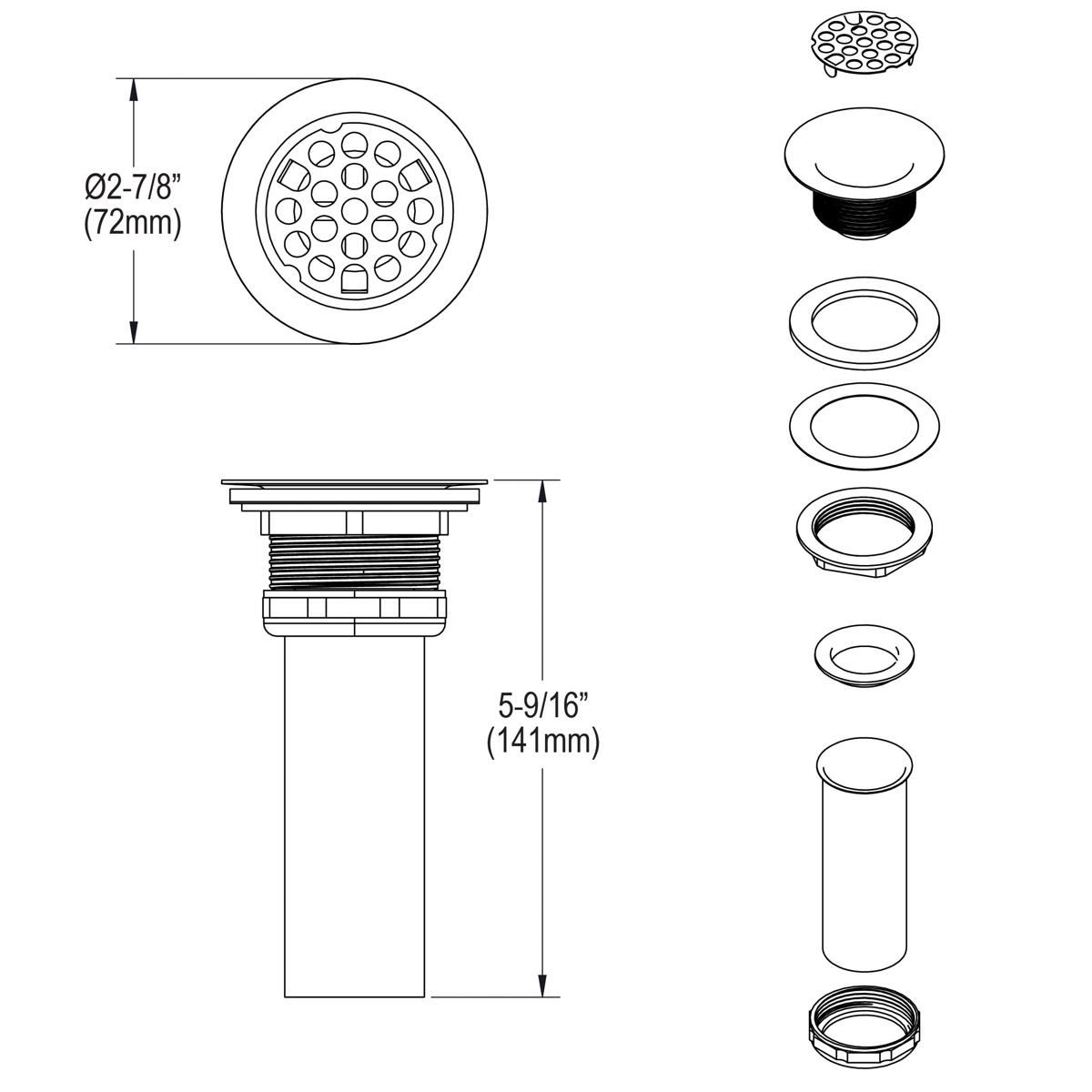 Elkay Type 304 Stainless Steel Body Grid Strainer with Brass Tailpiece Drain Fitting