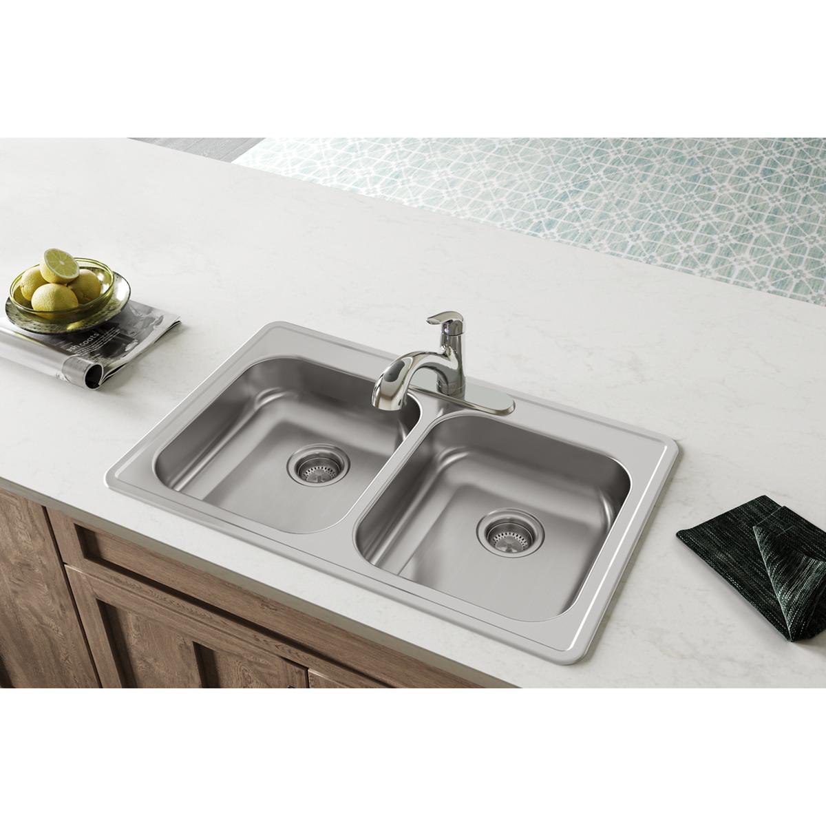 Elkay Dayton 33x21-1/4x5-3/8 Stainless Steel Double Bowl Drop-in Sink with 2 Faucet Holes