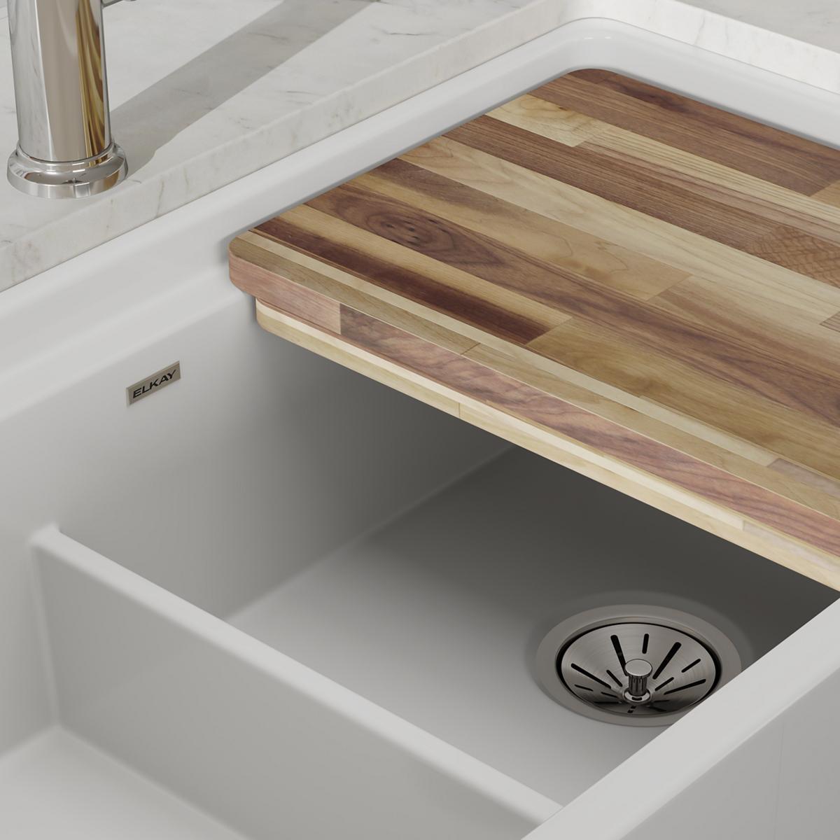 Elkay Premium Fireclay 33 x 19-15/16 x 9-3/16 Inch 60/40 Double Bowl Farmhouse Style Workstation Kitchen Sink with Aqua Divide