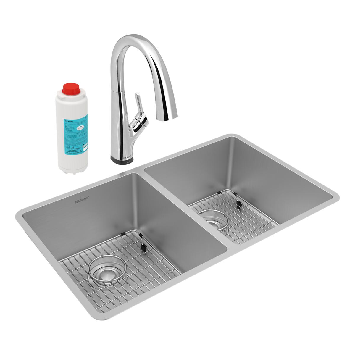 Elkay Crosstown 18-Gauge Undermount Double Bowl Sink Kit with Filtered Faucet