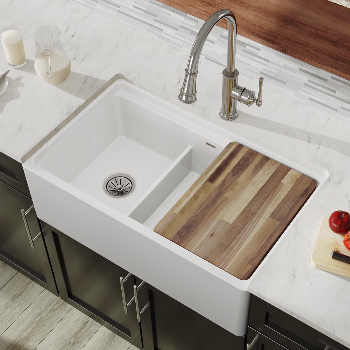Elkay Premium Fireclay 33 x 19-15/16 x 9-3/16 Inch 60/40 Double Bowl Farmhouse Style Workstation Kitchen Sink with Aqua Divide