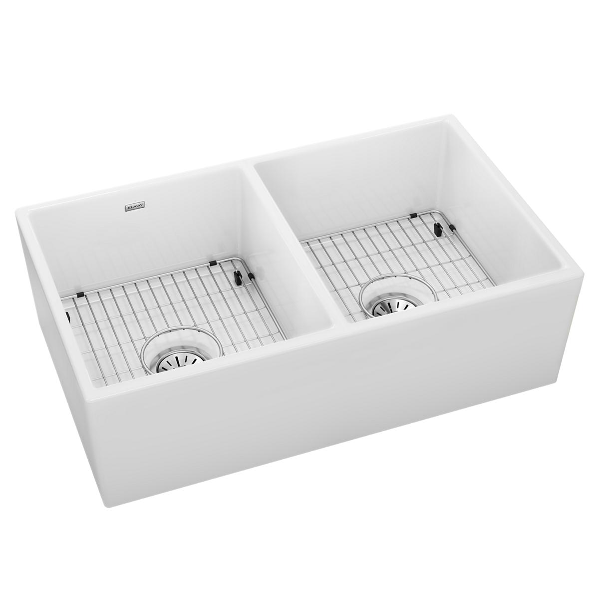 Elkay Premium Fireclay 33x19-15/16x9 Equal Double Bowl Farmhouse Sink Set