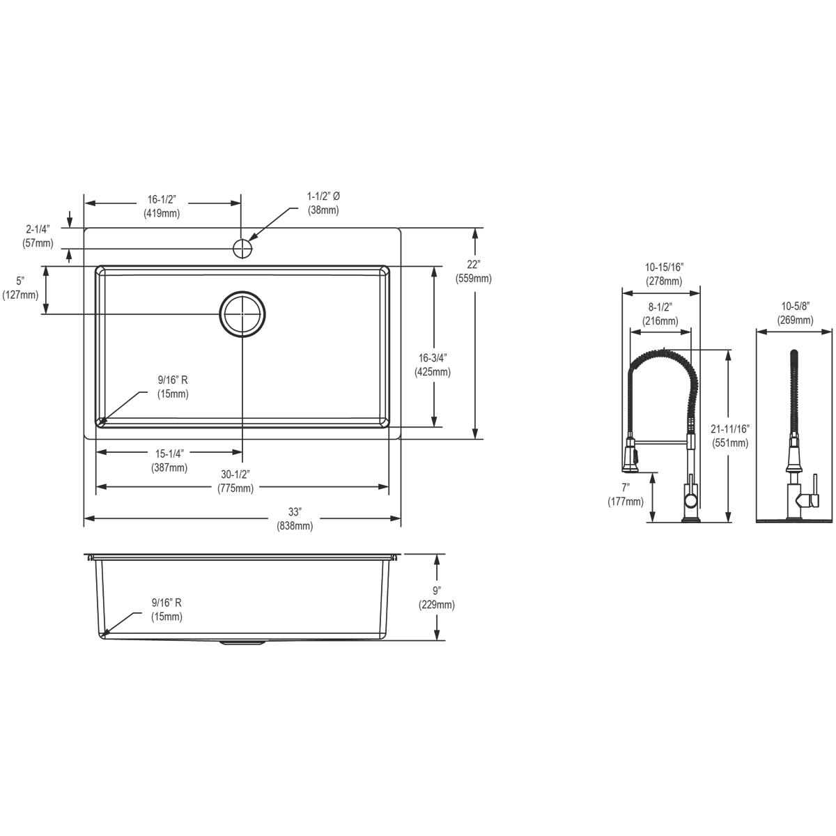 Elkay Crosstown 18 Gauge Stainless Steel 33 x 22 x 9 Single Bowl Dual Mount Kitchen Sink Kit with High - Quality Faucet