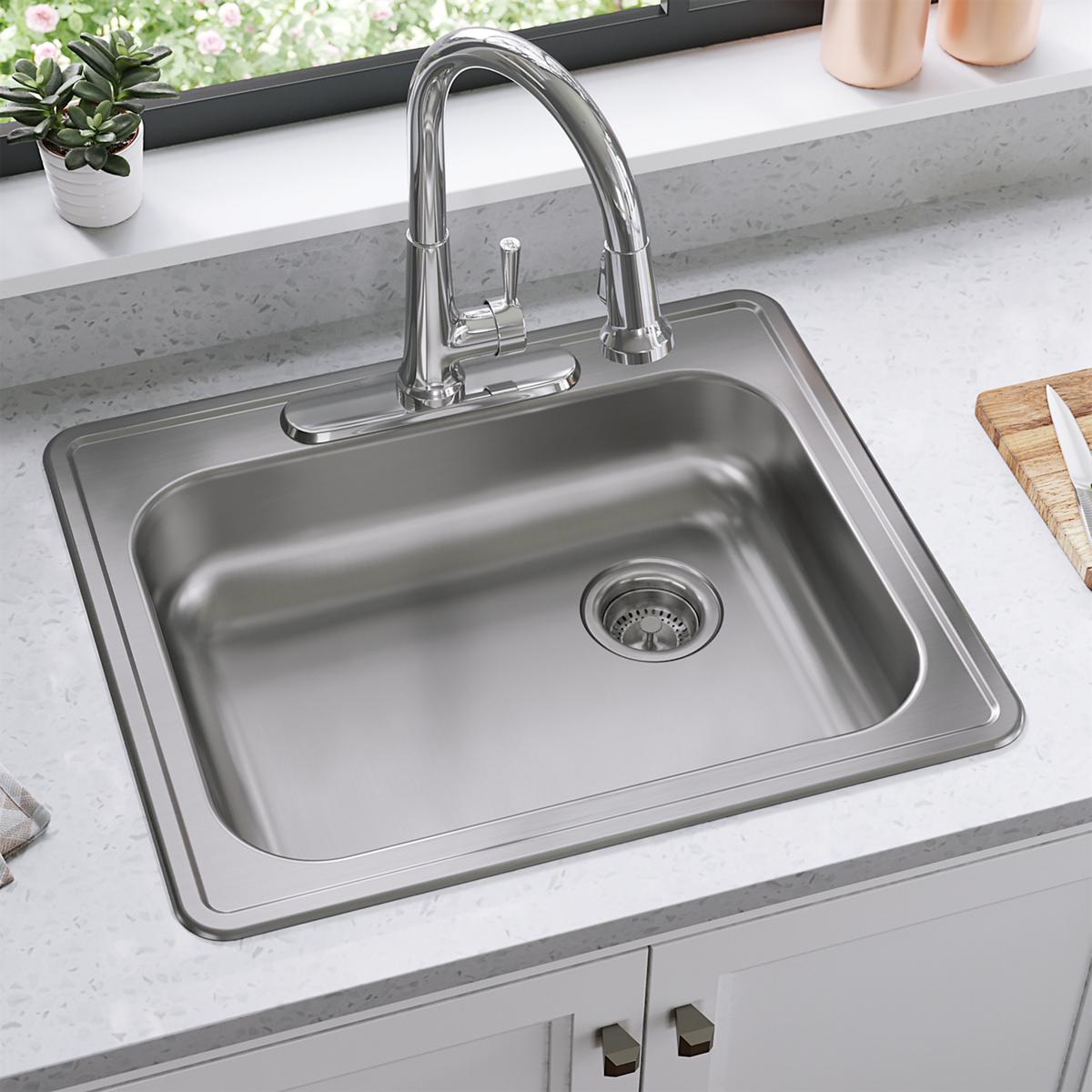 High - Quality Elkay Dayton 25 Inches by 21 and 1/4 Inches by 5 and 3/8 Inches MR2 - Hole Single Bowl Drop - in Kitchen Sink with Right - Hand Drain