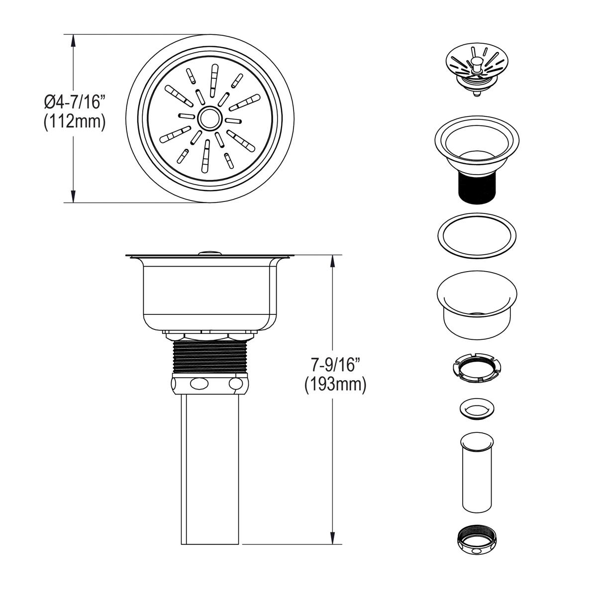 Elkay Deluxe 3-1/2" Drain: Type 304 Stainless Steel with Satin Finish, Strainer Basket, Seal & Tailpiece