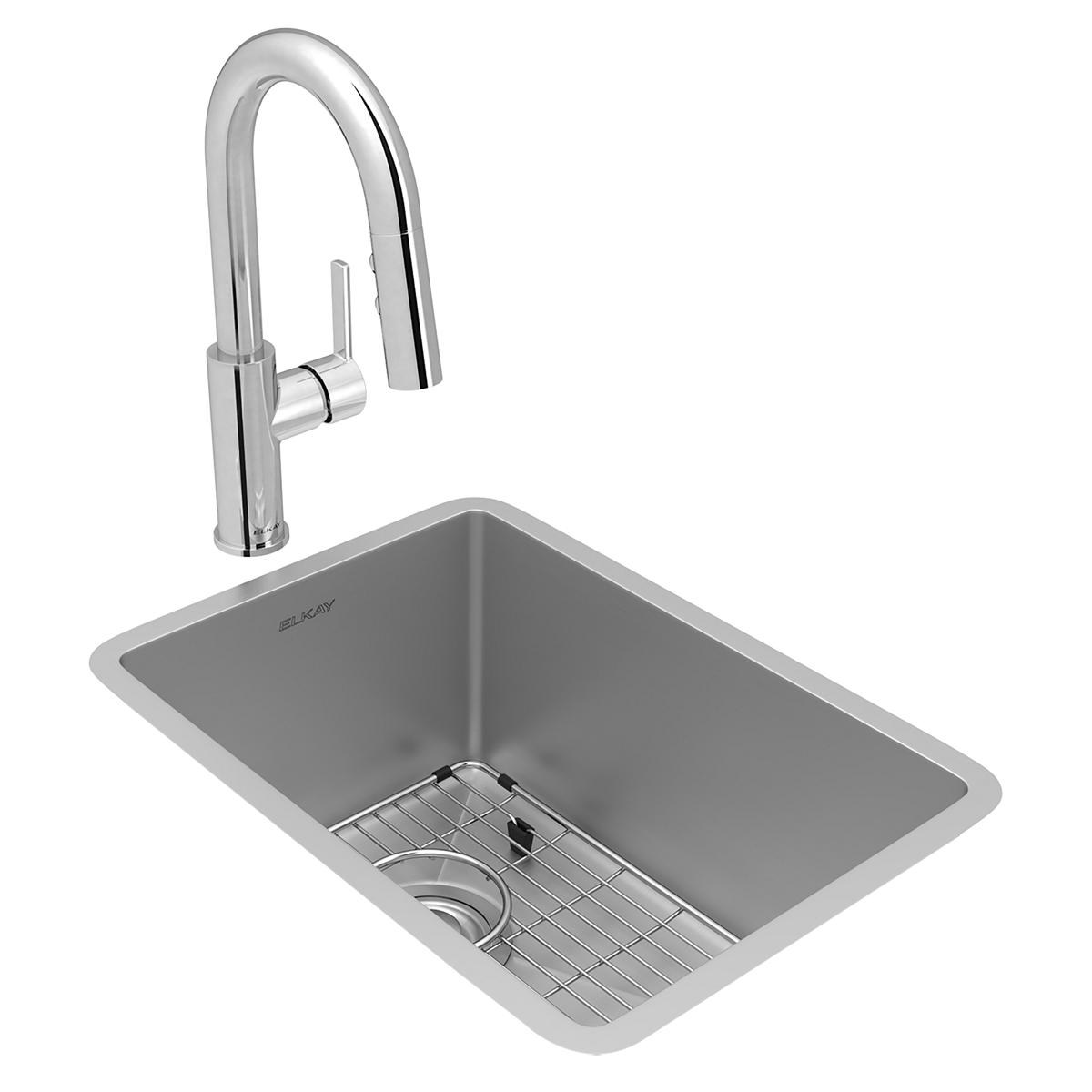 Elkay Crosstown Single Bowl Undermount Bar Sink and Faucet Set with Bottom Grid and Drain - 18 Gauge, 13.5 x 18.5 x 9 Dimensions