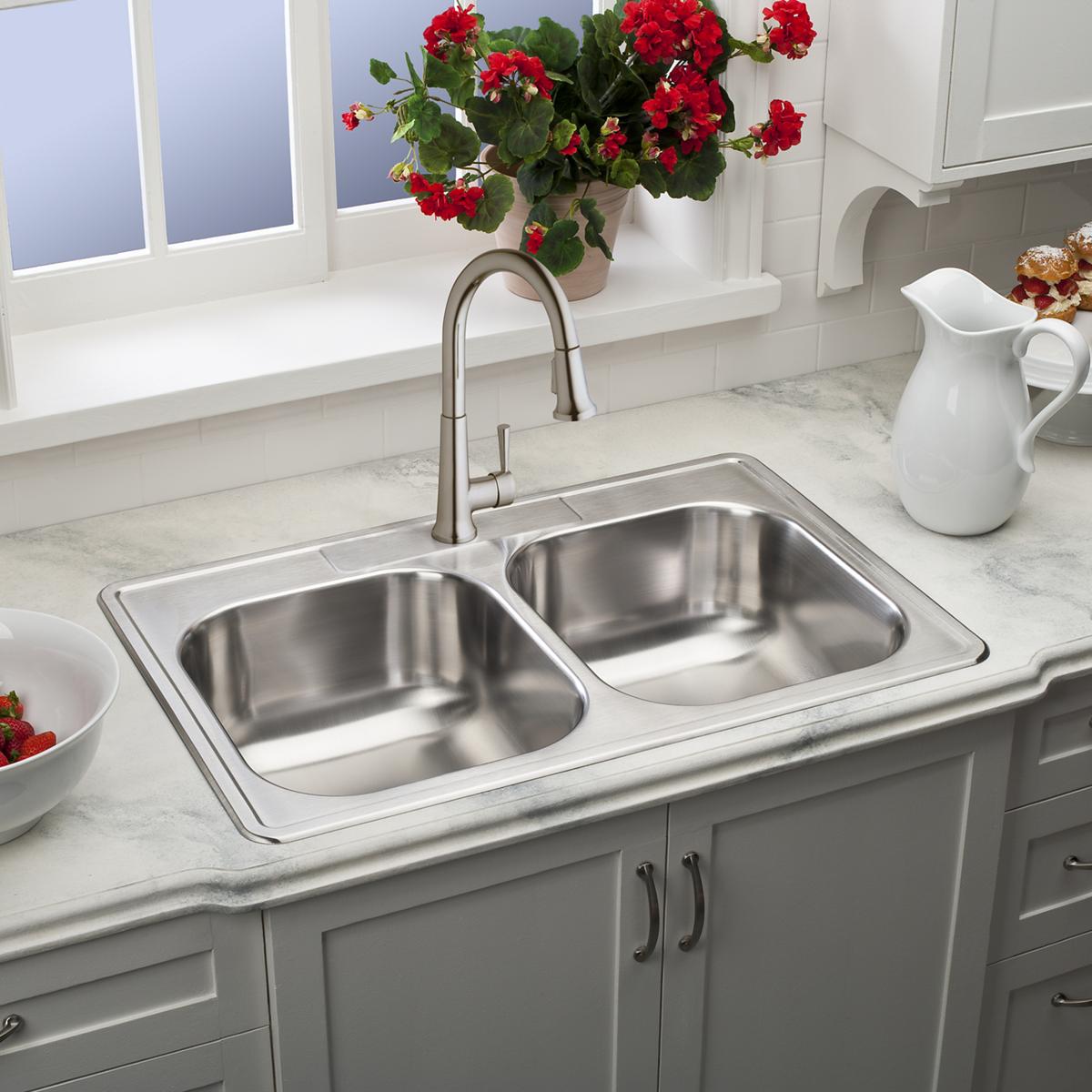 Elkay Dayton 33 Inches by 21 and 1/4 Inches by 8 and 1/16 Inches MR2-Hole Equal Double Bowl Drop-in Kitchen Sink