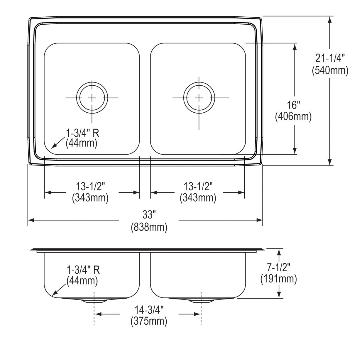 Elkay Celebrity 33x21-1/4x7-1/2 High - Quality Equal Double Bowl Drop - in Kitchen Sink