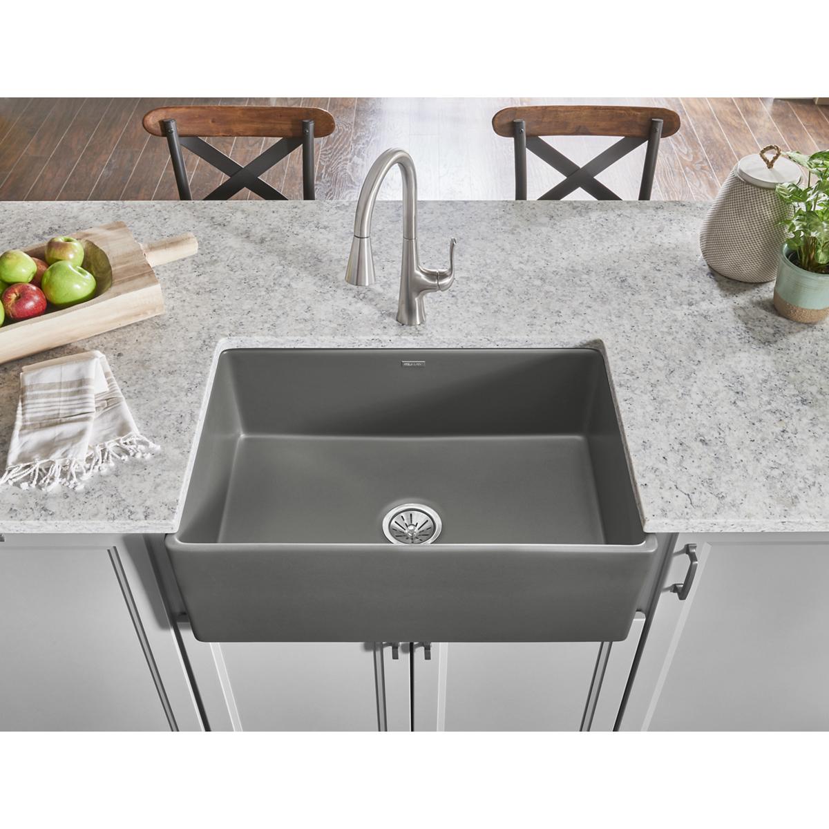 Elkay Fireclay Single Bowl Farmhouse Kitchen Sink in Elegant Gray, Measuring 30 x 19-15/16 x 9-1/8