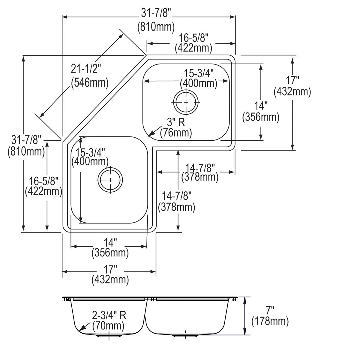 Elkay Dayton 31-7/8 x 31-7/8 x 7 High - quality Equal Double Bowl Corner Sink for Kitchen