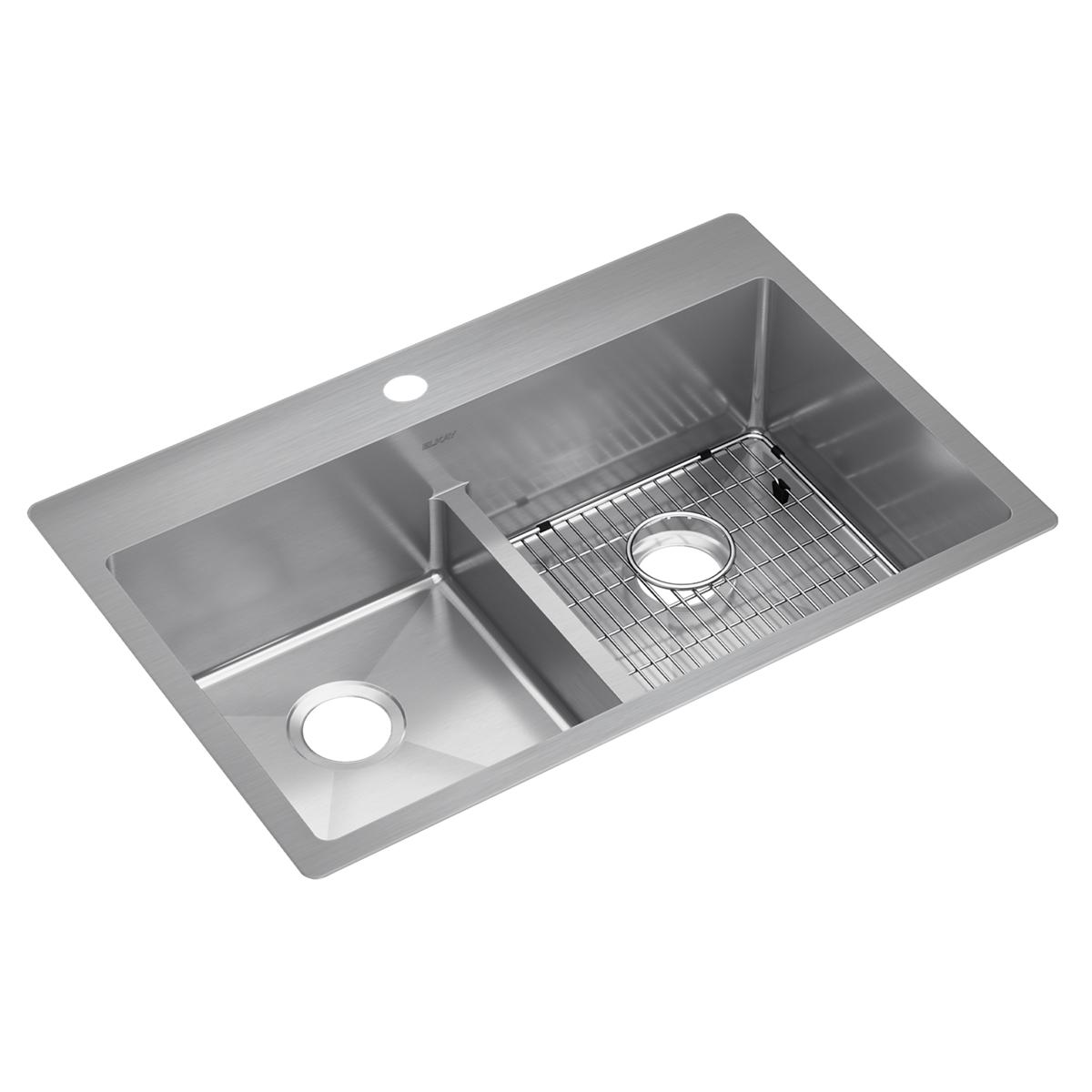 Elkay Crosstown 18 Gauge 33x22x9 Double Bowl Sink Kit with Aqua Divide for Modern Kitchens