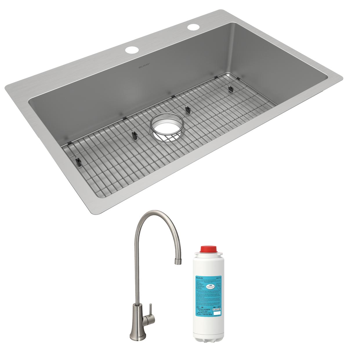 Elkay Crosstown Single Bowl Dual Mount Kitchen Sink Kit with Filtered Beverage Faucet - 18 Gauge, 33 x 22 x 9 Dimensions