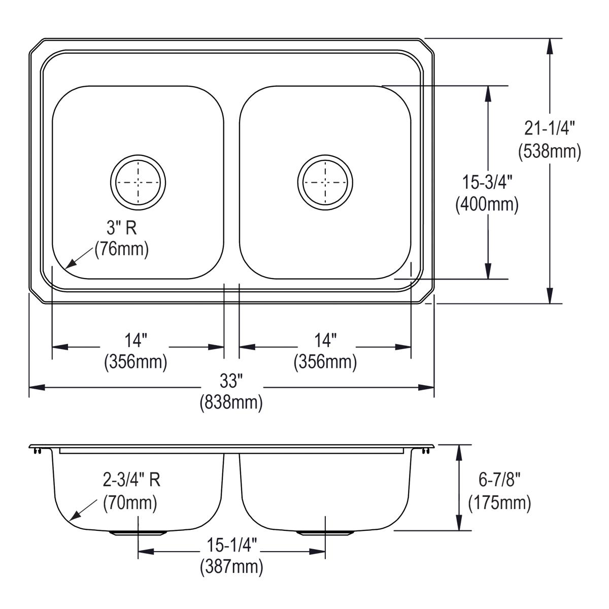 Elkay Celebrity 33 x 21-1/4 x 6-7/8, Premium Equal Double Bowl Drop-in Kitchen Sink