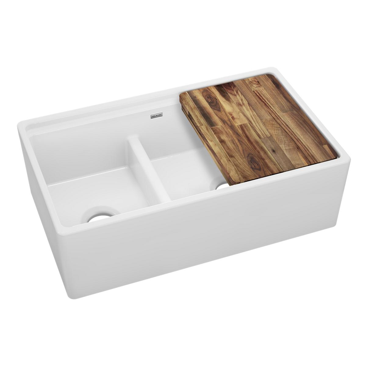 Elkay Premium Fireclay 33 x 19-15/16 x 9-3/16 Inch 60/40 Double Bowl Farmhouse Style Workstation Kitchen Sink with Aqua Divide