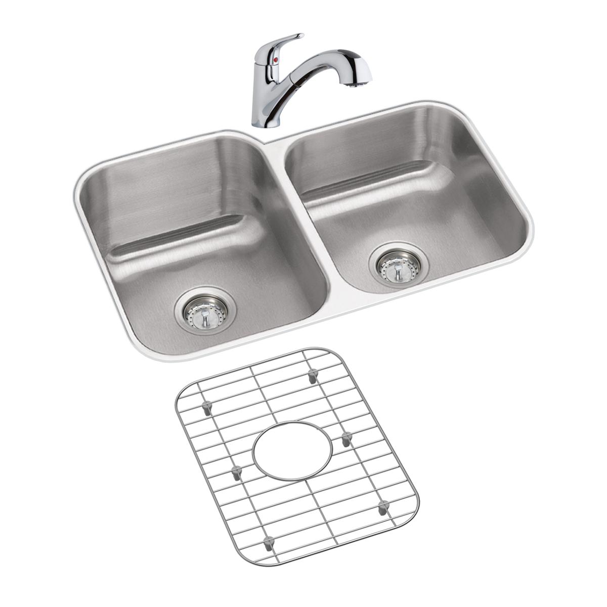 Elkay Dayton 31-3/4 x 20-1/2 x 10 60/40 Double Bowl Undermount Sink Kit with Faucet and Bottom Grid