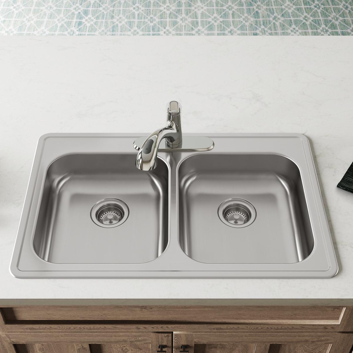 Elkay Dayton 33x21-1/4x5-3/8 Stainless Steel Double Bowl Drop-in Sink with 2 Faucet Holes