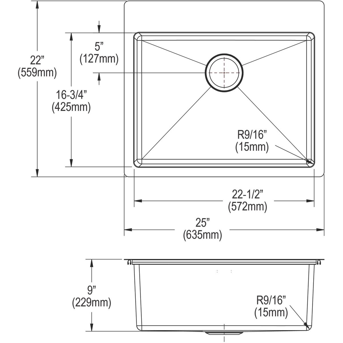 Elkay Crosstown 18 Gauge 25x22x9 Single - Bowl Dual - Mount Stainless Steel Sink Kit