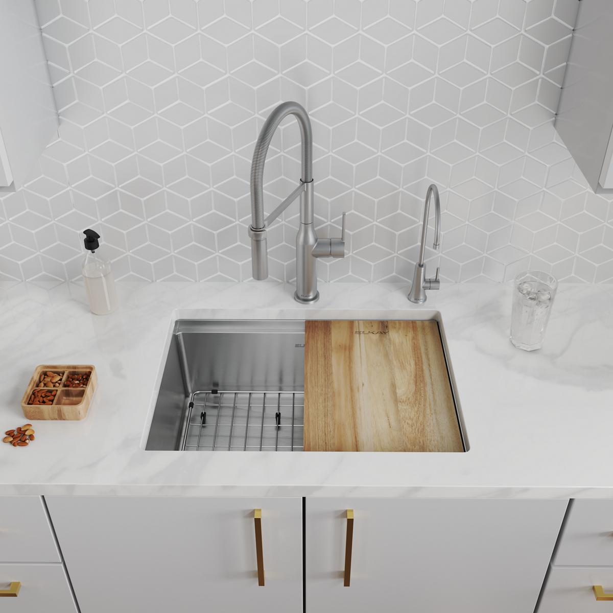 Elkay Crosstown 16 Gauge Single Bowl Undermount Workstation Sink Kit with Filtered Faucet